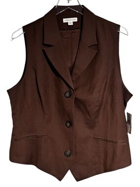 🆕 LINEN Vest Button Down Chocolate Brown NWT Sleeveless Dress Top Casual 14 16